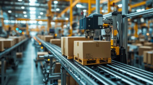 Boxes on a silver conveyor system in Dallas.