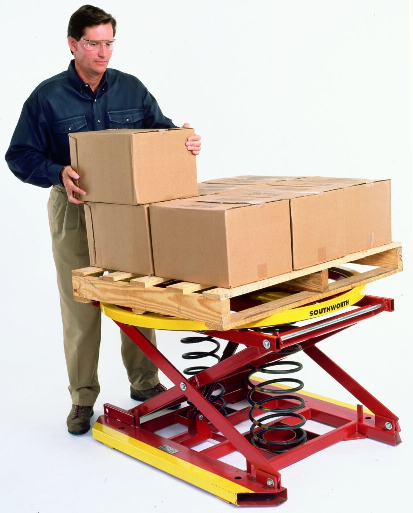 Man with packages on a lift table